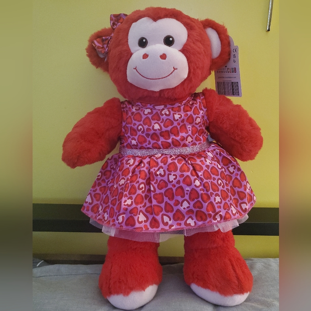 Build A Bear Red Heart Monkey Plush With Heart Silk Dress and Hair Bow NWT